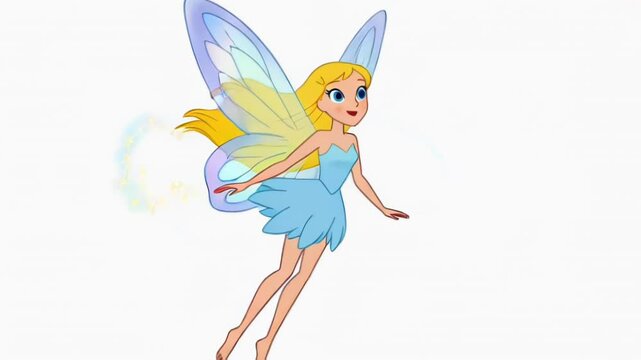 Whimsical cartoon fairy with colorful wings flying gracefully in midair illustration.
