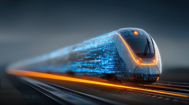 A futuristic high-speed train streaks across tracks. ..Created with Generative AI, not depicting real subjects.
