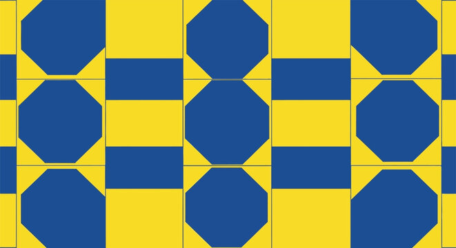 Geometric pattern repeating octagons and squares in blue and yellow
