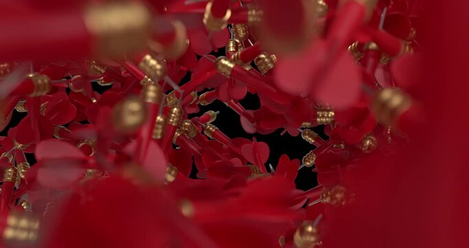 A dense stream of red darts falls rapidly and piles up across the screen, creating a bold and energetic visual effect. This 3D animation is rendered in 4K and includes an alpha channel for easy compos