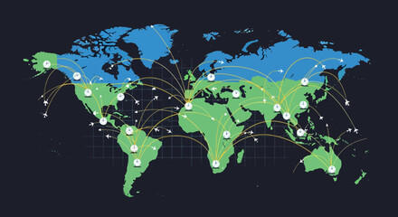 Global Flight Routes World Map Illustration with International Air Travel Connectivity, Logistics Network, and Aviation Hubs. © Imroatul mutmainah
