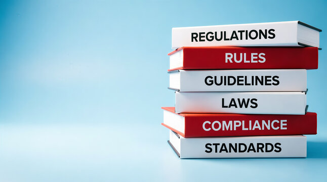 A stack of books about regulations, rules, and compliance on a blue background