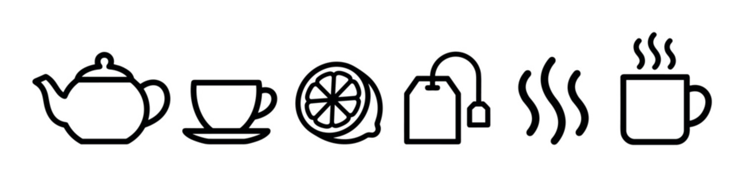 Tea preparation elements icons set illustrating a teapot, teacup, lemon slice, tea bag, and steaming mug, perfect for hot beverage concepts.
