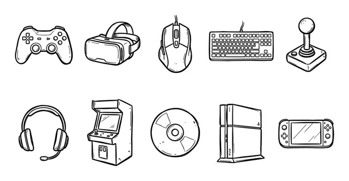 Gaming equipment and accessories hand drawn doodle vector illustration set showcasing various devices for video game enthusiasts and players.