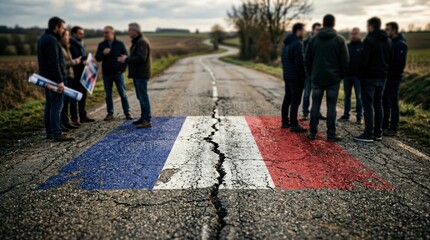 Obraz premium A group of men standing on a cracked road with a french flag painted on it in the countryside