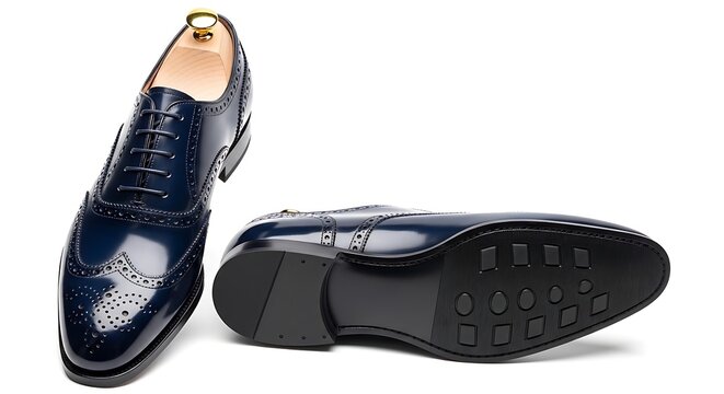 A glossy dark blue brogue shoe is presented from two angles showcasing its intricate detailing and polished leather high-quality professional detailed modern elegant stylish clean