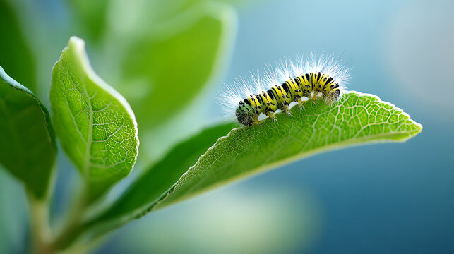 Caterpillar in sharp focus crawls along a leaf edge, with a soft blurred background creating depth and dimension.