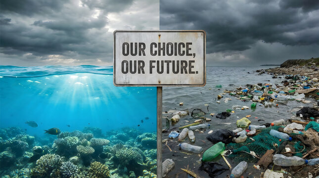 Environmental climate change concept with Our Choice Our Future sign, split screen showing clean coral reef versus plastic ocean pollution, global warming and ecological crisis imagery