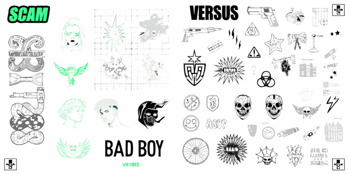 Collage of edgy graphics including skulls weapons and portrait elements
