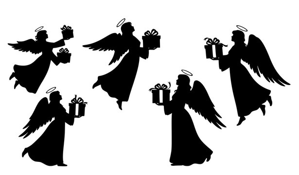 Christmas angel silhouette set four figures holding gifts holiday vector design