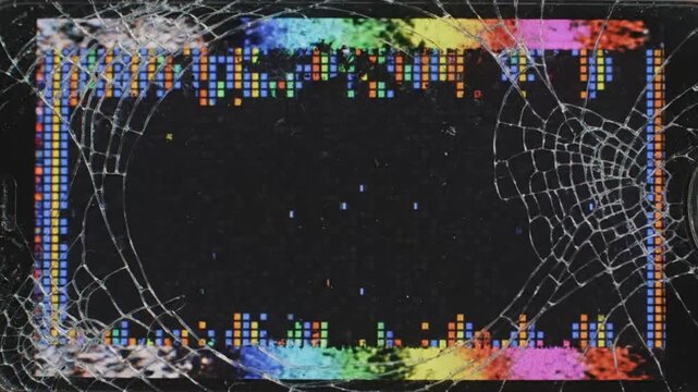 Broken screen overlay with cracked glass texture, digital glitch background with rainbow pixel border, damaged monitor effect for video editing