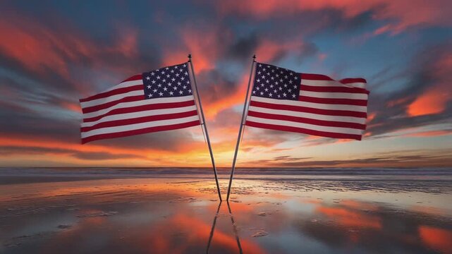 A patriotic digital illustration featuring two American flags positioned side by side, each mounted on a pole and reflected on a smooth, wet surface such as sand or shallow water. The background showc