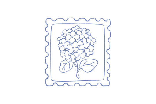 Hand drawn illustration of a hydrangea flower in a vintage postage stamp frame design