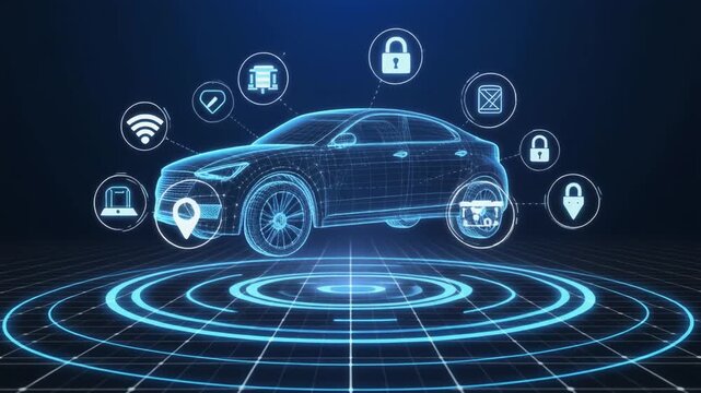 A futuristic digital illustration of a modern sedan or crossover car rendered as a glowing blue wireframe model. Surrounding the car are holographic technology-related icons, including a Wi-Fi signal,
