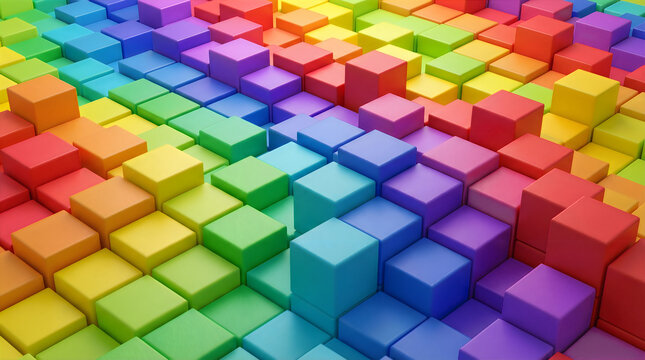 Rainbow geometric 3D cubes background, colorful isometric square blocks pattern, vibrant multi-colored plastic cube texture for creative design, abstract spectrum block landscape