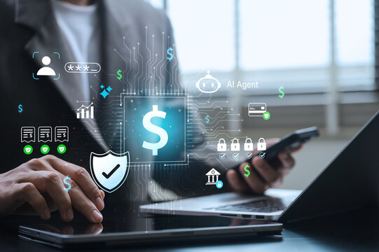 Fintech innovation with AI agent and digital banking security concept. Professional using laptop and smartphone for secure financial management with automated intelligence and data protection.