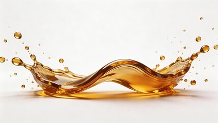 Fototapeta premium Dynamic golden liquid splash with flowing curves, droplets, and reflective texture. Represents fluid motion, food/drink, or artistic fluid dynamics. Clean white background.