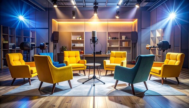 Six yellow armchairs encircle microphones on a round table, shelves glowing behind&mdash;symbolizing dialogue, collaboration, and the modern craft of shared voices in creative exchange.