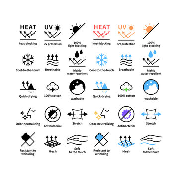 衣類の機能性アイコンセット。UVカット、接触冷感、吸汗速乾などのピクトグラム。 Functional clothing icon set. Pictograms for UV protection, cool-to-the-touch, quick-drying, and more.