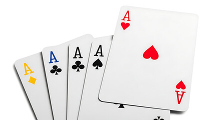 Obraz premium Four aces playing cards spread out, including hearts, clubs, spades, and diamonds, symbolizing luck, strategy, and winning in card games on white background