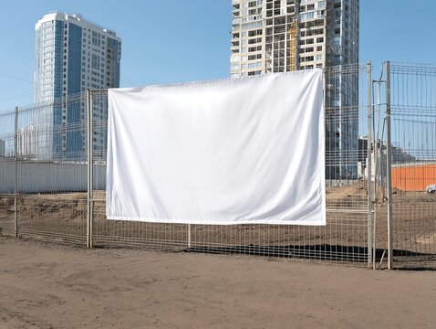 White empty banner on construction fence at building site. Blank textile advertising canvas for mockup design, construction company branding 