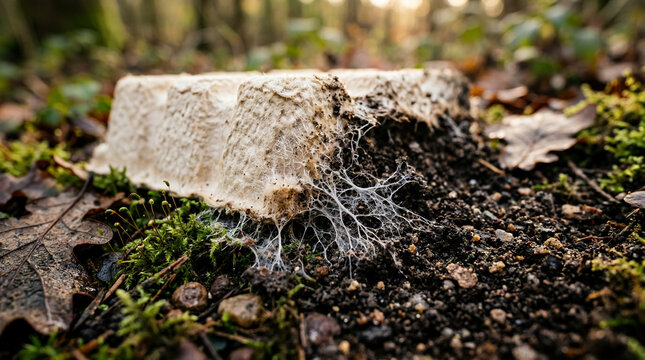 Detailed Macro Photo of Mycelium-Based Biodegradable Packaging Decomposing in Rich Forest Soil, Replacing Single-Use Plastic, Ecological Concept for Stock Market Trends 2026