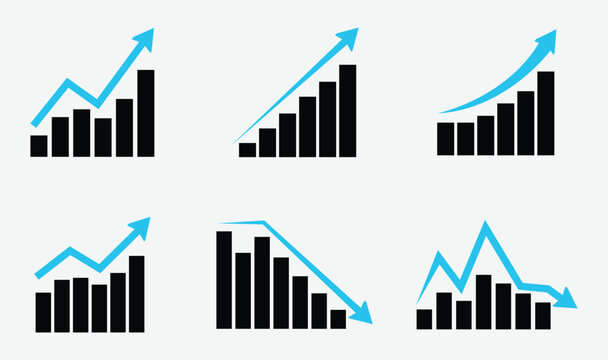 Set of financial success and economic decline bar graph with market trend icons. . growth increase and decrease sign. vector illustration.