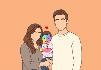 Obraz premium Minimalist Family Portrait with Neurodiverse Child, Autism Awareness Month Concept Illustration, Parents Supporting a Child with ASD