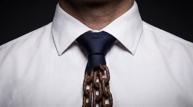 A businessman wearing a necktie made of rusty metal chains representing professional burnout and entrapment