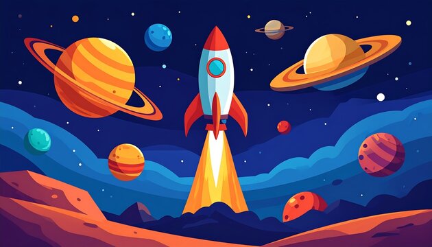 A vibrant cartoon illustration of space. A rocket blasts off amidst planets and nebulous clouds against a starry night