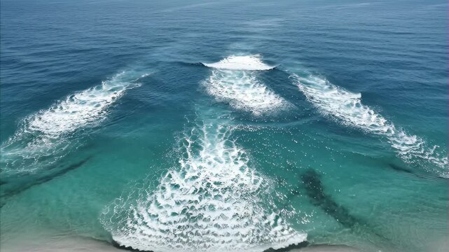 Aerial view of pristine ocean water with multiple white foam patterns from whale splashes, tranquil marine environment on clear sunny day World Oceans Day Concept