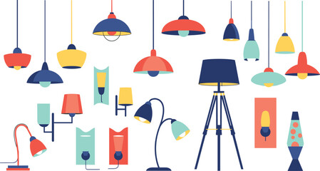 Fototapeta premium Set of 20 Colorful and Stylish Light Fixtures Including Lamps, Pendant Lights, Desk Lamps, and Lava Lamps in Various Shapes