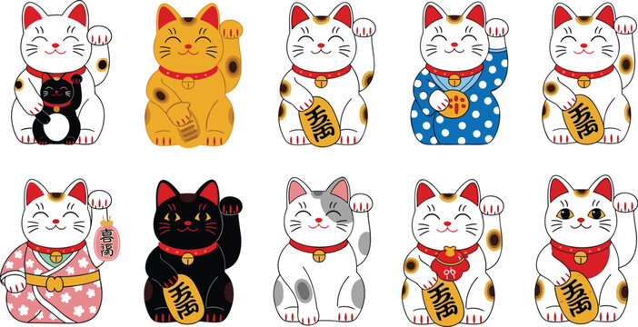 Set of 10 Lucky Maneki Neko Cats in Various Colors and Patterns, Featuring Gold Coins and Traditional Lucky Charms