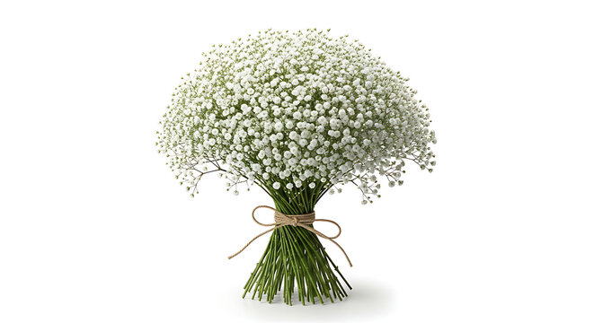 Small white baby's breath gypsophila flower bouquet tied with twine isolated on white background for events