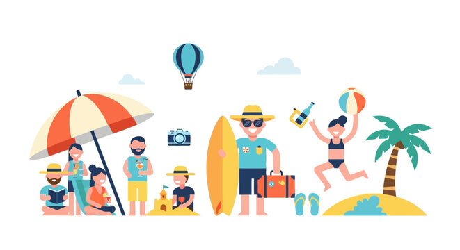 Happy people enjoying a sunny beach vacation with vacation activities and summer fun