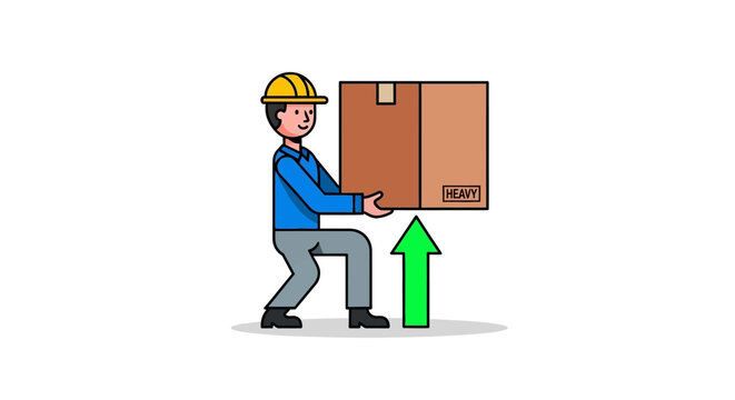Professional worker wearing protective gear demonstrating safe lifting techniques for a cardboard box, emphasizing occupational safety and careful handling of goods