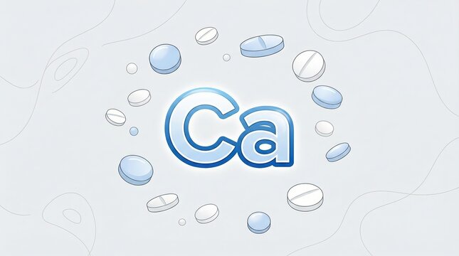 Ca chemical symbol glowing bright, surrounded by various vitamin and dietary supplement pills, conceptualizing calcium intake for strong bones, health, and wellness