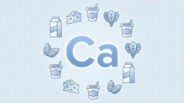 Calcium sources circle presenting essential foods for strong bones and overall healthy nutrition, featuring milk, cheese, yogurt, almonds, and leafy greens
