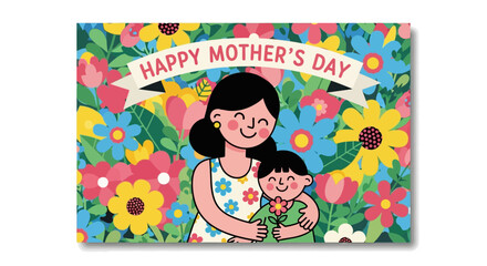Fototapeta premium Happy Mother's Day illustration featuring a mother and child surrounded by vibrant flowers, celebrating family love and appreciation