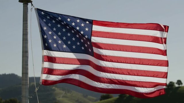 A close-up of the U.S. flag fluttering in the wind on a flagpole, set against a backdrop of nature, the sky, and green meadows.