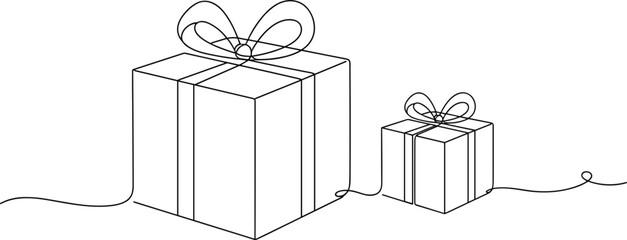 Elegant continuous line art drawing of two gift boxes with ribbons representing celebration surprise holiday presents and minimalist birthday greeting concept. © NUR