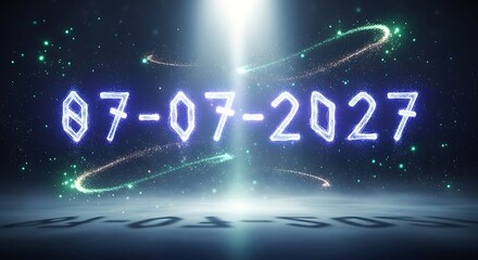 Naklejka premium Futuristic Date Display 07-07-2027 with Neon Glow and Cosmic Particles
