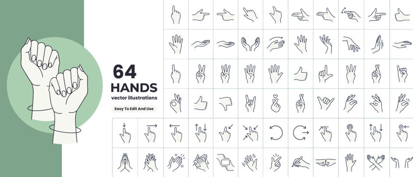 64 Hand Gestures Vector Illustrations Set. Female Hands with Ok, Peace, Thumbs Up, Pointing, Praying Signs. Communication Symbols. Line Art Isolated on White Background