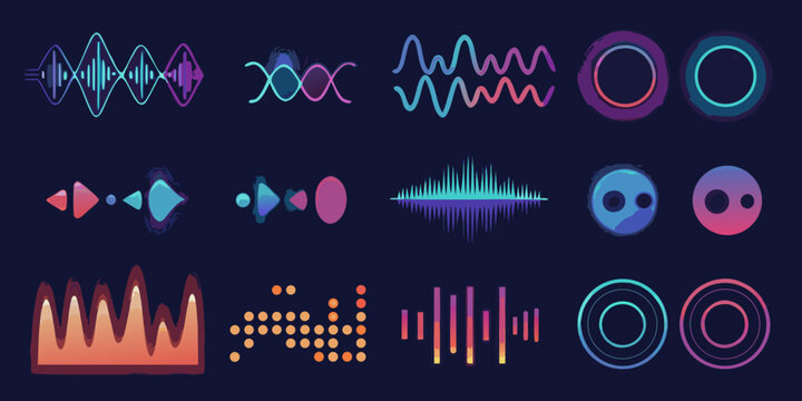 Abstract sound waves and colorful geometric shapes on a dark background