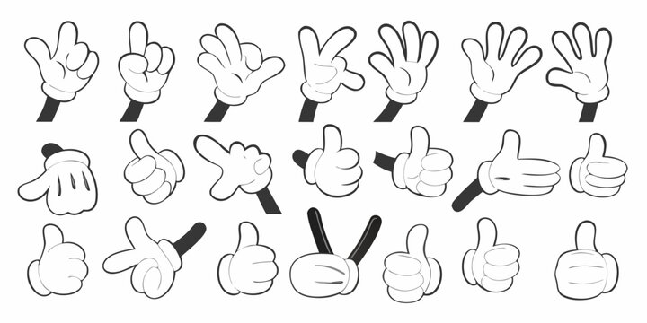 A collection of cartoon white gloves displaying various hand gestures