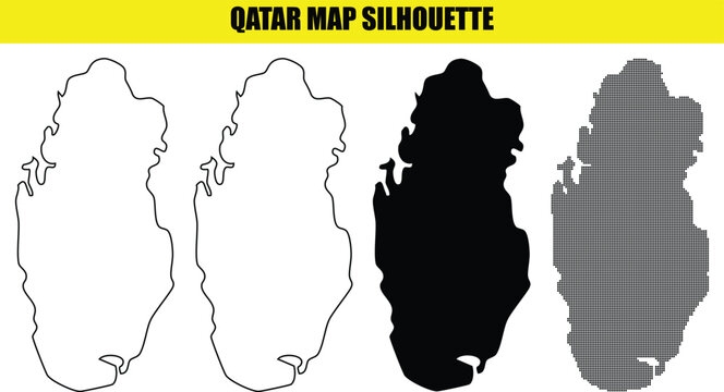 Qatar map silhouette vector collection featuring various styles including solid fill outline and halftone patterns.