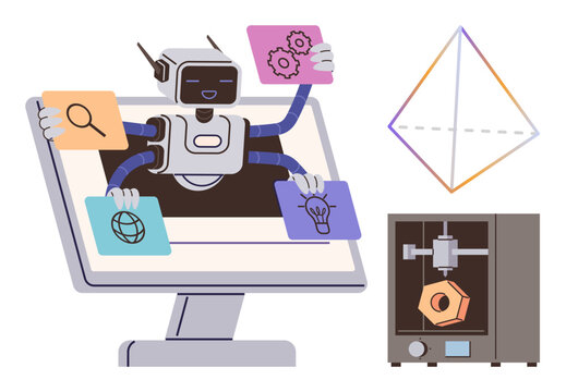 Artificial intelligence, 3D printing, innovation, automation, education, and creativity. Robot using multiple arms to interact with files. Artificial intelligence and 3D printing technology concept