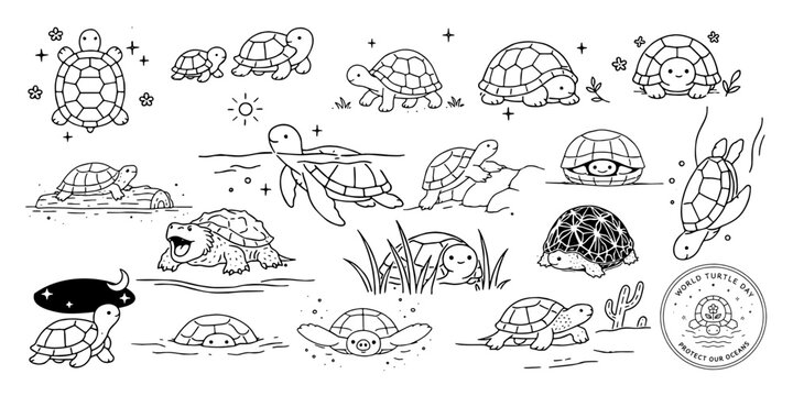 亀の手書き線画イラストセット（歩く・泳ぐ・潜る・顔を出す）、Hand Drawn Turtle Line Illustration Set (Walking, Swimming, Diving, Peeking)
