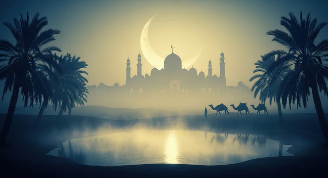 misty mosque with crescent moon, palm tree and camel caravan, suitable background for hari raya aidilfitri or hari raya haji