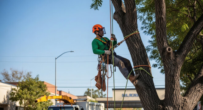 Tree climber working on tree with harness and ropes in urban area  